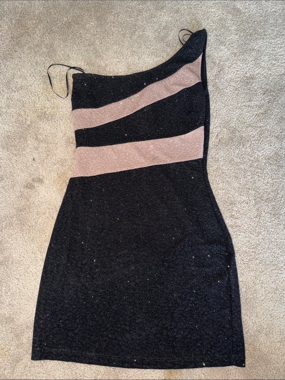 Windsor One-Shoulder Black Dress with Blush Stripes